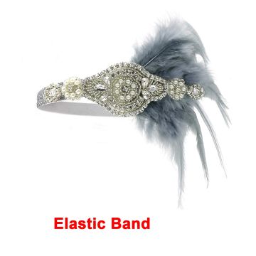 Ladies 1920s Flapper Headband with Feather - Silver Art Deco Gatsby Headpiece