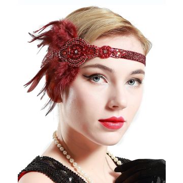 Side view of wine red feather headband showing elastic band and sequined fabric
