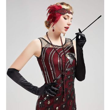 Adult Burgundy 1920s Flapper Headband with Feather and Rhinestones