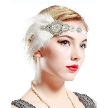 1920s Gatsby headband with crystal vine motif and fluffy white feather plume