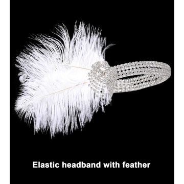 Ladies 1920s White Feather Headband - Flapper Gatsby Headpiece with Crystals