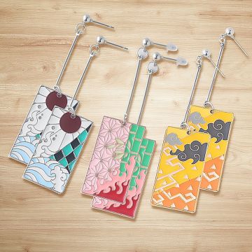 Anime Character Earrings - Checkered Pink & Yellow Dangle Earrings with Metal Chain