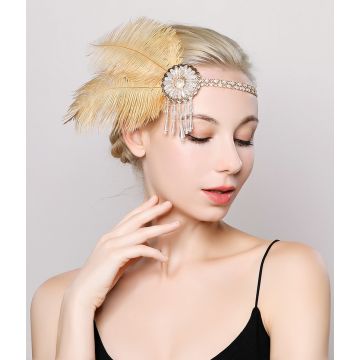 Champagne feather headpiece with Art Deco rhinestone medallion and crystal fringe dangles