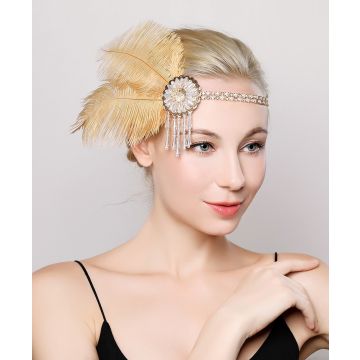 Womens 1920s Flapper Headband with Champagne Feather and Rhinestone Dangle