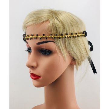 Adult 1920s Flapper Headband - Black Feather & Gold Beaded Gatsby Headpiece