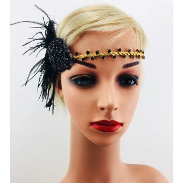Adult 1920s Flapper Headband - Black Feather & Gold Beaded Gatsby Headpiece