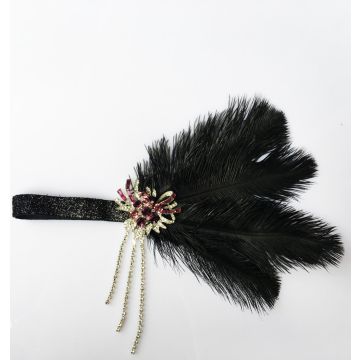 Adult 1920s Flapper Headband with Feather and Jeweled Brooch
