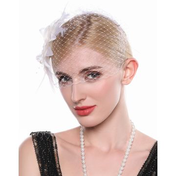 Womens 1920s Feather Fascinator with Face Veil - Ivory Bridal Hair Clip