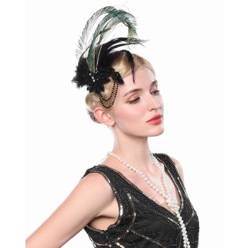 1920s feather hair clip showing iridescent peacock plumes and rhinestone flower detail