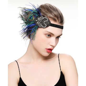 1920s Art Deco headpiece showing iridescent turquoise and blue peacock feathers with crystal centerpiece