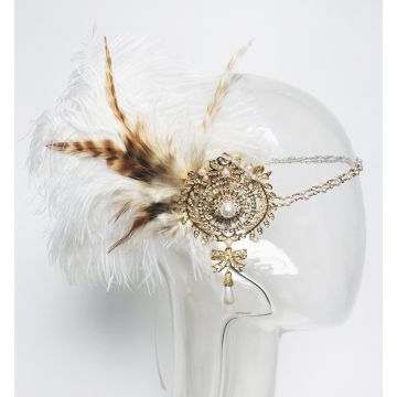 Adult 1920s Gatsby Feather Headband - White Gold Art Deco Flapper Headpiece