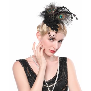Black gatsby hair clip fascinator with iridescent peacock eye feathers and glitter base