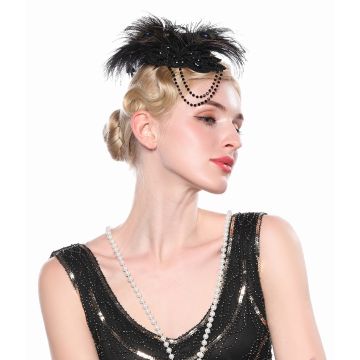 1920s Flapper Feather Headpiece - Black Peacock Gatsby Hair Clip with Beaded Drape
