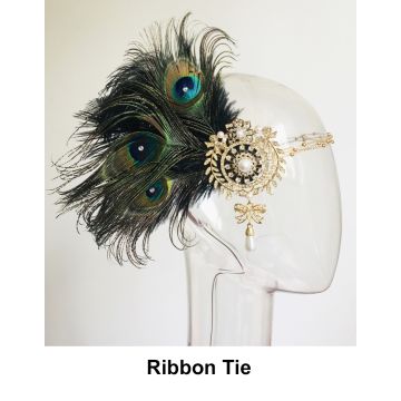 Womens 1920s Gatsby Headpiece with Peacock Feathers and Gold Medallion