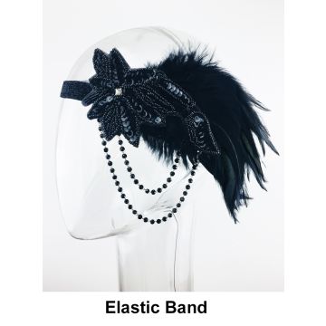 Womens 1920s Flapper Headband - Black Sequin Art Deco Feather Headpiece