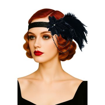 Black 1920s flapper headband with sequined Art Deco appliqué and feather plume on elastic band