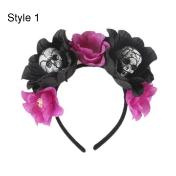 Day of the Dead Headband - Floral Skull Crown with Black Roses