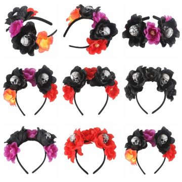 Day of the dead headband with black roses and skull decorations purple accent flowers