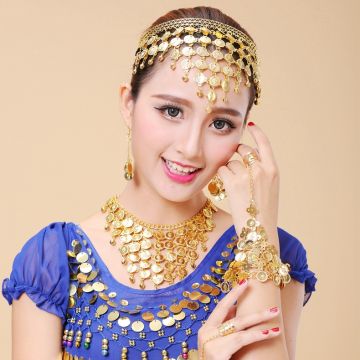 Belly Dance Costume Jewelry Set - Gold Coin Headpiece Necklace Earrings Bracelet
