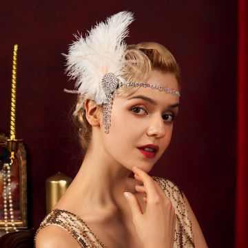 Womens 1920s Flapper Headband White Feather Gatsby Headpiece with Rhinestones