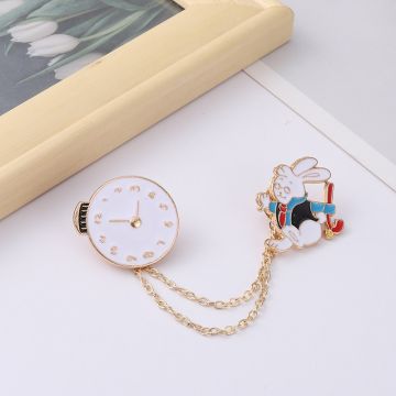 White Rabbit Enamel Pin Set with Pocket Watch Chain - Storybook Accessory