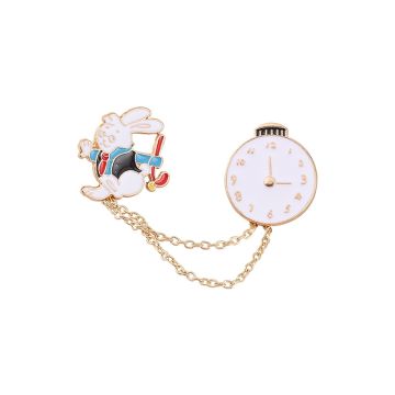 Alice in Wonderland White Rabbit enamel pin set with pocket watch and gold chain