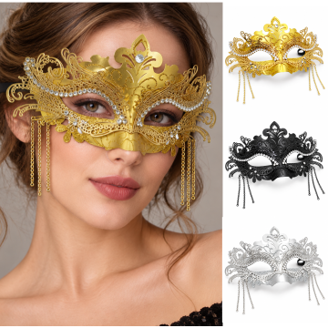 Adult Venetian masquerade eye mask with cut-out filigree and rhinestone accents