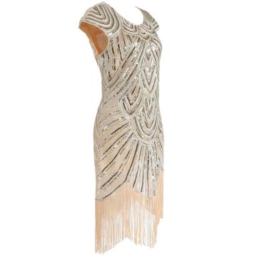 Womens 1920s Glamour Flapper Dress - Champagne Beaded Art Deco Costume