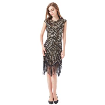Adult Black and Gold Flapper Dress - 1920s Gatsby Sequined Fringe Costume