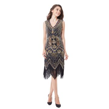Womens Black & Gold 1920s Flapper Dress - Art Deco Beaded Gatsby Costume