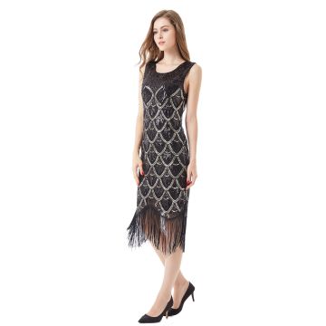 Womens Roaring 20s Style Dress - Black Sequin Flapper Costume with Fringe