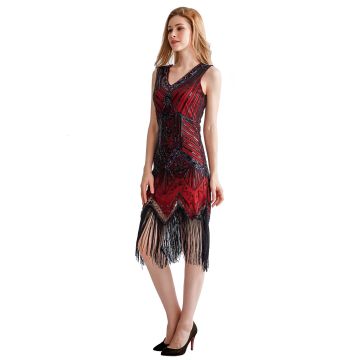 Womens 1920s Flapper Dress - Burgundy Sequin Beaded Gatsby Costume with Fringe
