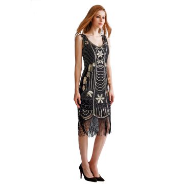 Womens 1920s Flapper Dress - Black Beaded Gatsby Costume with Fringe
