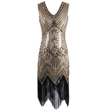 Gold flapper dress back view with zipper closure and iridescent sequin detail