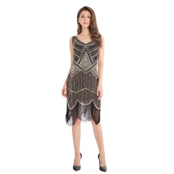 Womens 1920s Flapper Costume - Black & Gold Beaded Gatsby Dress with Fringe