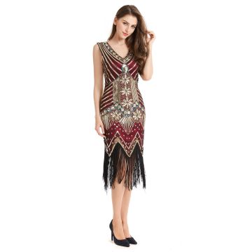 Womens 1920s Evening Gown - Burgundy Sequin Flapper Dress with Fringe