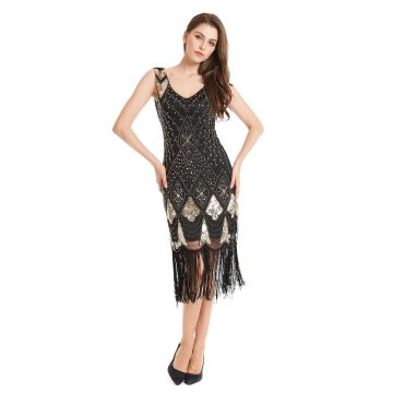 Women's Black & Gold Gatsby Flapper Dress - 1920s Sequin Fringe Costume