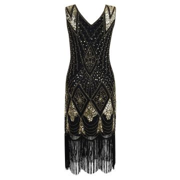 Women's Black & Gold Gatsby Flapper Dress - 1920s Sequin Fringe Costume