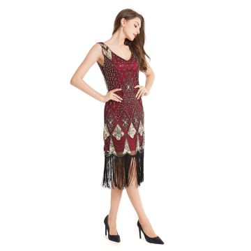 Women's 1920s Flapper Dress - Burgundy Sequin Art Deco Gatsby Costume with Fringe