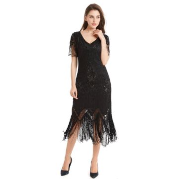 Womens 1920 Costume - Black Sequin Flapper Dress with Fringe
