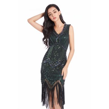 Womens 1920s Flapper Dress - Green Sequin Gatsby Costume with Fringe