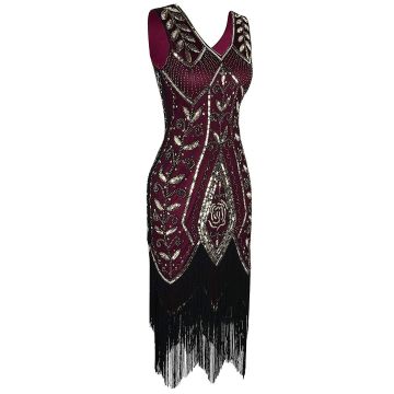 Women's 1920s Flapper Dress Burgundy Sequin Gatsby Costume with Fringe