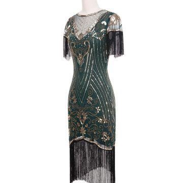 Womens 1920s Flapper Dress Green Gold Beaded Gatsby Costume with Fringe