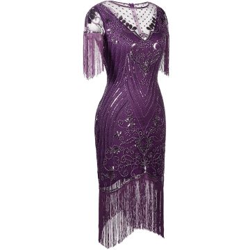 Womens Purple Flapper Dress 1920s Beaded Fringe Gatsby Costume