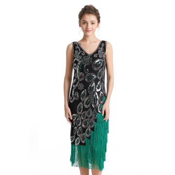 Womens Black and Green Flapper Dress - 1920s Sequin Charleston Costume