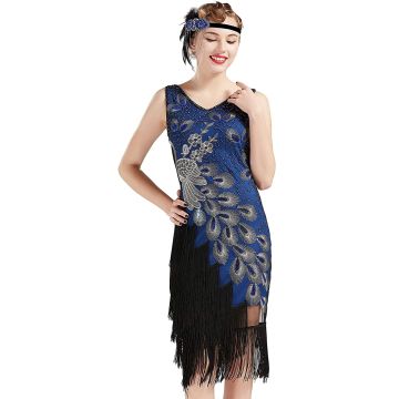 Womens Royal Blue Flapper Dress 1920s Gatsby Sequin Fringe Costume