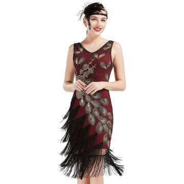 Women's Burgundy Flapper Dress - 1920s Gatsby Sequin Fringe Costume