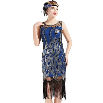Womens 1920s Blue Peacock Flapper Dress with Sequins and Fringe