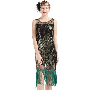 Womens Black Sequin Flapper Dress - 1920s Art Deco Fringe Gatsby Costume