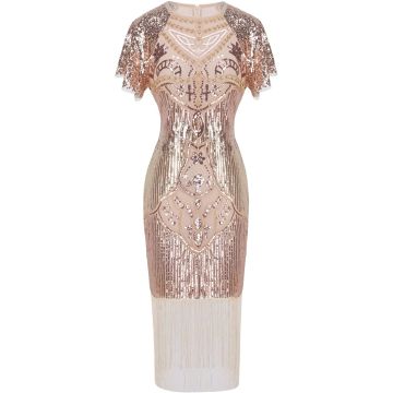Women's Rose Gold Flapper Dress - 1920s Beaded Fringe Gatsby Costume